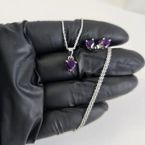 Sterling Silver 925 Amethyst Heart Necklace and Earrings